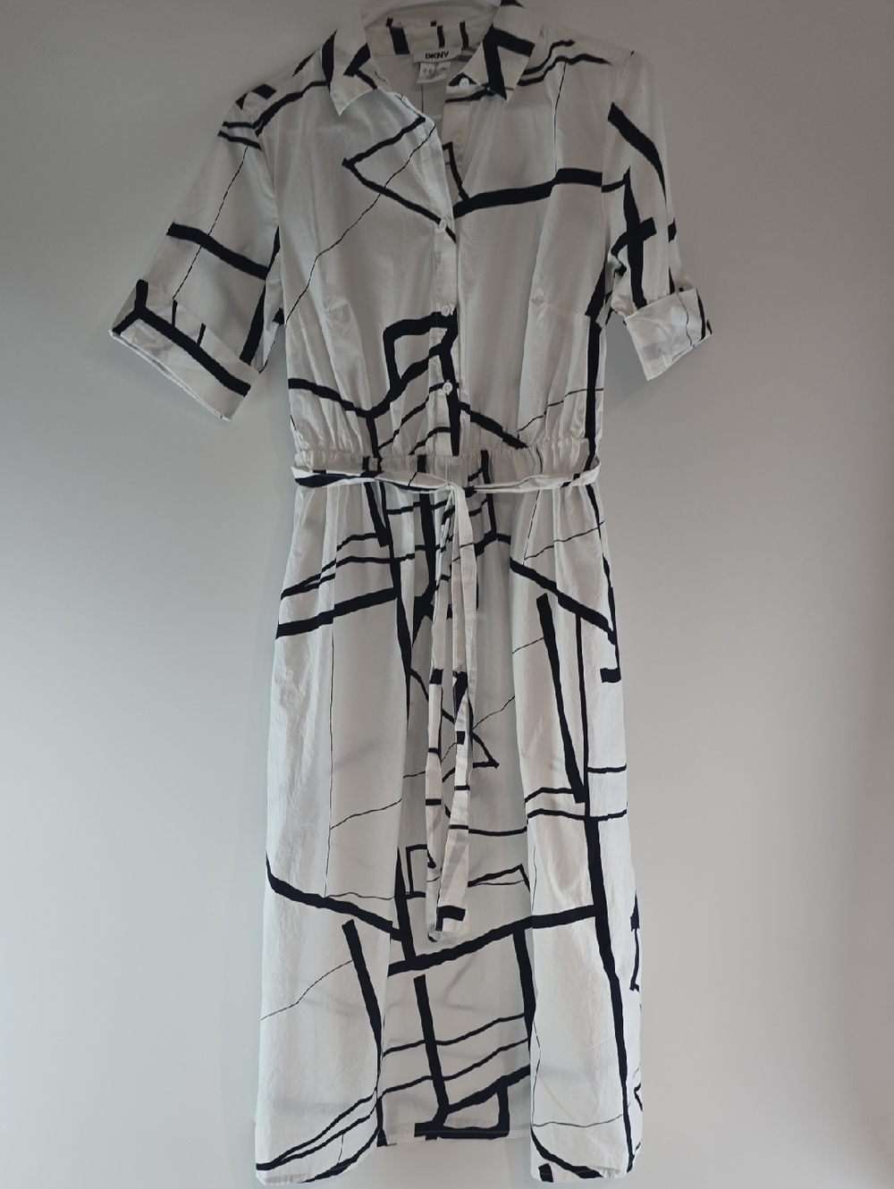 DKNY White Midi Shirt Dress with Black Abstract Lines